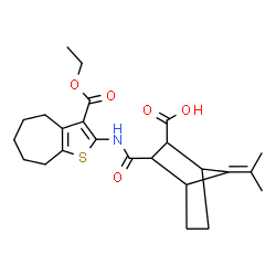 ChemSpider 2D Image | 3-{[3-(Ethoxycarbonyl)-5,6,7,8-tetrahydro-4H-cyclohepta[b]thiophen-2-yl]carbamoyl}-7-isopropylidenebicyclo[2.2.1]heptane-2-carboxylic acid | C24H31NO5S