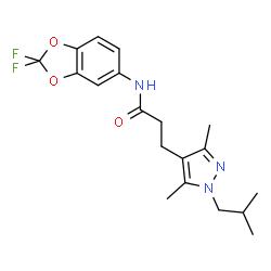 ChemSpider 2D Image | N-(2,2-Difluoro-1,3-benzodioxol-5-yl)-3-(1-isobutyl-3,5-dimethyl-1H-pyrazol-4-yl)propanamide | C19H23F2N3O3