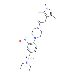 ChemSpider 2D Image | N,N-Diethyl-3-nitro-4-{4-[(1,3,5-trimethyl-1H-pyrazol-4-yl)acetyl]-1-piperazinyl}benzenesulfonamide | C22H32N6O5S