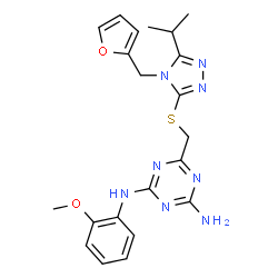 ChemSpider 2D Image | 6-({[4-(2-Furylmethyl)-5-isopropyl-4H-1,2,4-triazol-3-yl]sulfanyl}methyl)-N-(2-methoxyphenyl)-1,3,5-triazine-2,4-diamine | C21H24N8O2S
