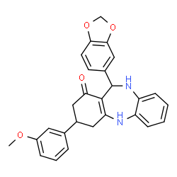 ChemSpider 2D Image | 11-(1,3-Benzodioxol-5-yl)-3-(3-methoxyphenyl)-2,3,4,5,10,11-hexahydro-1H-dibenzo[b,e][1,4]diazepin-1-one | C27H24N2O4