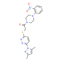 ChemSpider 2D Image | 2-{[6-(3,5-Dimethyl-1H-pyrazol-1-yl)-3-pyridazinyl]sulfanyl}-1-[4-(2-nitrophenyl)-1-piperazinyl]ethanone | C21H23N7O3S