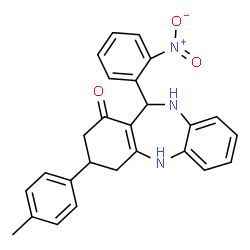 ChemSpider 2D Image | 3-(4-Methylphenyl)-11-(2-nitrophenyl)-2,3,4,5,10,11-hexahydro-1H-dibenzo[b,e][1,4]diazepin-1-one | C26H23N3O3