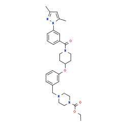 ChemSpider 2D Image | Ethyl 4-[3-({1-[3-(3,5-dimethyl-1H-pyrazol-1-yl)benzoyl]-4-piperidinyl}oxy)benzyl]-1-piperazinecarboxylate | C31H39N5O4