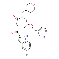 ChemSpider 2D Image | 4-[(5-Fluoro-1H-indol-2-yl)carbonyl]-6-(3-pyridinylmethoxy)-1-(tetrahydro-2H-pyran-4-ylmethyl)-1,4-diazepan-2-one | C26H29FN4O4