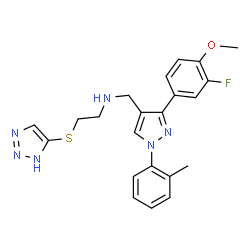 ChemSpider 2D Image | N-{[3-(3-Fluoro-4-methoxyphenyl)-1-(2-methylphenyl)-1H-pyrazol-4-yl]methyl}-2-(1H-1,2,3-triazol-4-ylsulfanyl)ethanamine | C22H23FN6OS