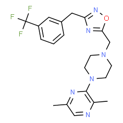 ChemSpider 2D Image | 2,5-Dimethyl-3-[4-({3-[3-(trifluoromethyl)benzyl]-1,2,4-oxadiazol-5-yl}methyl)-1-piperazinyl]pyrazine | C21H23F3N6O