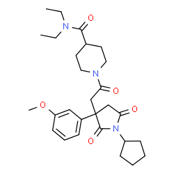 ChemSpider 2D Image | 1-{[1-Cyclopentyl-3-(3-methoxyphenyl)-2,5-dioxo-3-pyrrolidinyl]acetyl}-N,N-diethyl-4-piperidinecarboxamide | C28H39N3O5