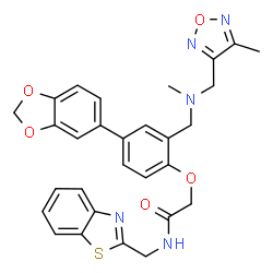 ChemSpider 2D Image | 2-[4-(1,3-Benzodioxol-5-yl)-2-({methyl[(4-methyl-1,2,5-oxadiazol-3-yl)methyl]amino}methyl)phenoxy]-N-(1,3-benzothiazol-2-ylmethyl)acetamide | C29H27N5O5S