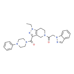 ChemSpider 2D Image | 1-{1-Ethyl-3-[(4-phenyl-1-piperazinyl)carbonyl]-1,4,6,7-tetrahydro-5H-pyrazolo[4,3-c]pyridin-5-yl}-2-(1H-indazol-1-yl)ethanone | C28H31N7O2