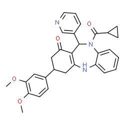 ChemSpider 2D Image | 10-(Cyclopropylcarbonyl)-3-(3,4-dimethoxyphenyl)-11-(3-pyridinyl)-2,3,4,5,10,11-hexahydro-1H-dibenzo[b,e][1,4]diazepin-1-one | C30H29N3O4