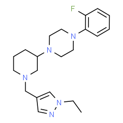 ChemSpider 2D Image | 1-{1-[(1-Ethyl-1H-pyrazol-4-yl)methyl]-3-piperidinyl}-4-(2-fluorophenyl)piperazine | C21H30FN5
