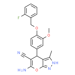 ChemSpider 2D Image | 6-Amino-4-{4-[(2-fluorobenzyl)oxy]-3-methoxyphenyl}-3-methyl-2,4-dihydropyrano[2,3-c]pyrazole-5-carbonitrile | C22H19FN4O3