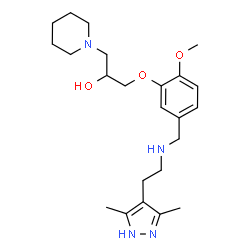 ChemSpider 2D Image | 1-[5-({[2-(3,5-Dimethyl-1H-pyrazol-4-yl)ethyl]amino}methyl)-2-methoxyphenoxy]-3-(1-piperidinyl)-2-propanol | C23H36N4O3
