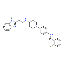 ChemSpider 2D Image | 2-Fluoro-N-[4-(4-{[2-(1-methyl-1H-benzimidazol-2-yl)ethyl]amino}-1-piperidinyl)phenyl]benzamide | C28H30FN5O
