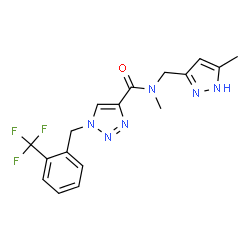 ChemSpider 2D Image | N-Methyl-N-[(5-methyl-1H-pyrazol-3-yl)methyl]-1-[2-(trifluoromethyl)benzyl]-1H-1,2,3-triazole-4-carboxamide | C17H17F3N6O