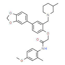 ChemSpider 2D Image | 2-{4-(1,3-Benzodioxol-5-yl)-2-[(3-methyl-1-piperidinyl)methyl]phenoxy}-N-(4-methoxy-2-methylphenyl)acetamide | C30H34N2O5