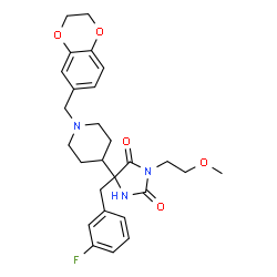 ChemSpider 2D Image | 5-[1-(2,3-Dihydro-1,4-benzodioxin-6-ylmethyl)-4-piperidinyl]-5-(3-fluorobenzyl)-3-(2-methoxyethyl)-2,4-imidazolidinedione | C27H32FN3O5