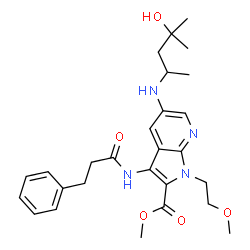 ChemSpider 2D Image | Methyl 5-[(4-hydroxy-4-methyl-2-pentanyl)amino]-1-(2-methoxyethyl)-3-[(3-phenylpropanoyl)amino]-1H-pyrrolo[2,3-b]pyridine-2-carboxylate | C27H36N4O5