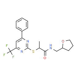 ChemSpider 2D Image | 2-{[4-Phenyl-6-(trifluoromethyl)-2-pyrimidinyl]sulfanyl}-N-(tetrahydro-2-furanylmethyl)propanamide | C19H20F3N3O2S