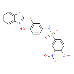 ChemSpider 2D Image | N-[3-(1,3-Benzothiazol-2-ylsulfanyl)-4-hydroxyphenyl]-4-methoxy-3-nitrobenzenesulfonamide | C20H15N3O6S3