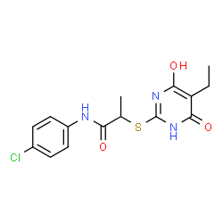 ChemSpider 2D Image | N-(4-chlorophenyl)-2-[(5-ethyl-4-hydroxy-6-oxo-3H-pyrimidin-2-yl)sulfanyl]propanamide | C15H16ClN3O3S