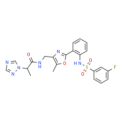 ChemSpider 2D Image | N-{[2-(2-{[(3-Fluorophenyl)sulfonyl]amino}phenyl)-5-methyl-1,3-oxazol-4-yl]methyl}-2-(1H-1,2,4-triazol-1-yl)propanamide | C22H21FN6O4S