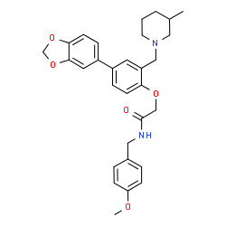 ChemSpider 2D Image | 2-{4-(1,3-Benzodioxol-5-yl)-2-[(3-methyl-1-piperidinyl)methyl]phenoxy}-N-(4-methoxybenzyl)acetamide | C30H34N2O5