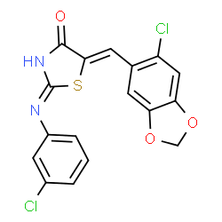 ChemSpider 2D Image | (5Z)-5-[(6-Chloro-1,3-benzodioxol-5-yl)methylene]-2-[(3-chlorophenyl)amino]-1,3-thiazol-4(5H)-one | C17H10Cl2N2O3S