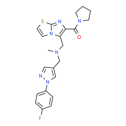 ChemSpider 2D Image | (5-{[{[1-(4-Fluorophenyl)-1H-pyrazol-4-yl]methyl}(methyl)amino]methyl}imidazo[2,1-b][1,3]thiazol-6-yl)(1-pyrrolidinyl)methanone | C22H23FN6OS