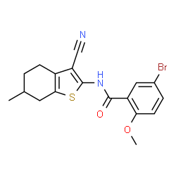 ChemSpider 2D Image | 5-Bromo-N-(3-cyano-6-methyl-4,5,6,7-tetrahydro-1-benzothiophen-2-yl)-2-methoxybenzamide | C18H17BrN2O2S