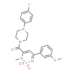 ChemSpider 2D Image | [4-(4-Fluorophenyl)-1-piperazinyl][5-(3-methoxyphenyl)-2-methyl-1,1-dioxido-2H-1,2,6-thiadiazin-3-yl]methanone | C22H23FN4O4S