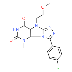 ChemSpider 2D Image | 3-(4-Chlorophenyl)-9-(2-methoxyethyl)-5-methyl-5,9-dihydro-6H-[1,2,4]triazolo[4,3-e]purine-6,8(7H)-dione | C16H15ClN6O3