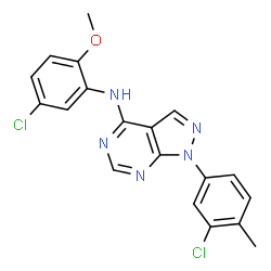 ChemSpider 2D Image | N-(5-Chloro-2-methoxyphenyl)-1-(3-chloro-4-methylphenyl)-1H-pyrazolo[3,4-d]pyrimidin-4-amine | C19H15Cl2N5O