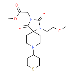 ChemSpider 2D Image | Methyl [1-(2-methoxyethyl)-2,4-dioxo-8-(tetrahydro-2H-thiopyran-4-yl)-1,3,8-triazaspiro[4.5]dec-3-yl]acetate | C18H29N3O5S