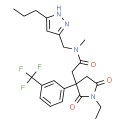 ChemSpider 2D Image | 2-{1-Ethyl-2,5-dioxo-3-[3-(trifluoromethyl)phenyl]-3-pyrrolidinyl}-N-methyl-N-[(5-propyl-1H-pyrazol-3-yl)methyl]acetamide | C23H27F3N4O3