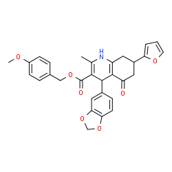 ChemSpider 2D Image | 4-Methoxybenzyl 4-(1,3-benzodioxol-5-yl)-7-(2-furyl)-2-methyl-5-oxo-1,4,5,6,7,8-hexahydro-3-quinolinecarboxylate | C30H27NO7