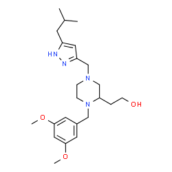 ChemSpider 2D Image | 2-{1-(3,5-Dimethoxybenzyl)-4-[(5-isobutyl-1H-pyrazol-3-yl)methyl]-2-piperazinyl}ethanol | C23H36N4O3