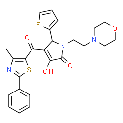ChemSpider 2D Image | 3-Hydroxy-4-[(4-methyl-2-phenyl-1,3-thiazol-5-yl)carbonyl]-1-[2-(4-morpholinyl)ethyl]-5-(2-thienyl)-1,5-dihydro-2H-pyrrol-2-one | C25H25N3O4S2