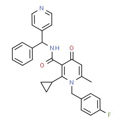 ChemSpider 2D Image | 2-Cyclopropyl-1-(4-fluorobenzyl)-6-methyl-4-oxo-N-[phenyl(4-pyridinyl)methyl]-1,4-dihydro-3-pyridinecarboxamide | C29H26FN3O2
