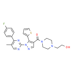 ChemSpider 2D Image | [1-[4-(4-Fluorophenyl)-5-methyl-2-pyrimidinyl]-5-(2-thienyl)-1H-pyrazol-4-yl][4-(2-hydroxyethyl)-1-piperazinyl]methanone | C25H25FN6O2S