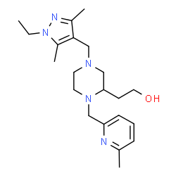 ChemSpider 2D Image | 2-{4-[(1-Ethyl-3,5-dimethyl-1H-pyrazol-4-yl)methyl]-1-[(6-methyl-2-pyridinyl)methyl]-2-piperazinyl}ethanol | C21H33N5O