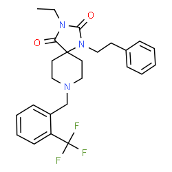 ChemSpider 2D Image | 3-Ethyl-1-(2-phenylethyl)-8-[2-(trifluoromethyl)benzyl]-1,3,8-triazaspiro[4.5]decane-2,4-dione | C25H28F3N3O2