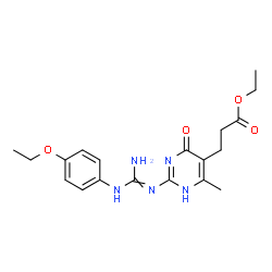 ChemSpider 2D Image | Ethyl 3-[2-({amino[(4-ethoxyphenyl)amino]methylene}amino)-6-methyl-4-oxo-1,4-dihydro-5-pyrimidinyl]propanoate | C19H25N5O4