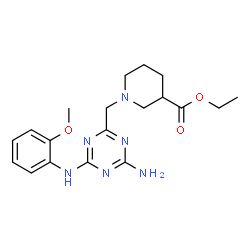 ChemSpider 2D Image | Ethyl 1-({4-amino-6-[(2-methoxyphenyl)amino]-1,3,5-triazin-2-yl}methyl)-3-piperidinecarboxylate | C19H26N6O3