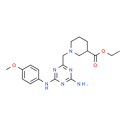 ChemSpider 2D Image | Ethyl 1-({4-amino-6-[(4-methoxyphenyl)amino]-1,3,5-triazin-2-yl}methyl)-3-piperidinecarboxylate | C19H26N6O3
