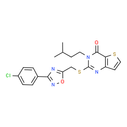 ChemSpider 2D Image | 2-({[3-(4-Chlorophenyl)-1,2,4-oxadiazol-5-yl]methyl}sulfanyl)-3-(3-methylbutyl)thieno[3,2-d]pyrimidin-4(3H)-one | C20H19ClN4O2S2