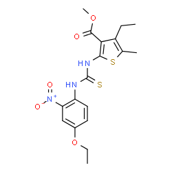 ChemSpider 2D Image | Methyl 2-{[(4-ethoxy-2-nitrophenyl)carbamothioyl]amino}-4-ethyl-5-methyl-3-thiophenecarboxylate | C18H21N3O5S2