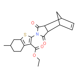 ChemSpider 2D Image | Ethyl 2-(3,5-dioxo-4-azatricyclo[5.2.1.0~2,6~]dec-8-en-4-yl)-6-methyl-4,5,6,7-tetrahydro-1-benzothiophene-3-carboxylate | C21H23NO4S