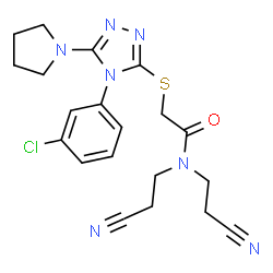 ChemSpider 2D Image | 2-{[4-(3-Chlorophenyl)-5-(1-pyrrolidinyl)-4H-1,2,4-triazol-3-yl]sulfanyl}-N,N-bis(2-cyanoethyl)acetamide | C20H22ClN7OS